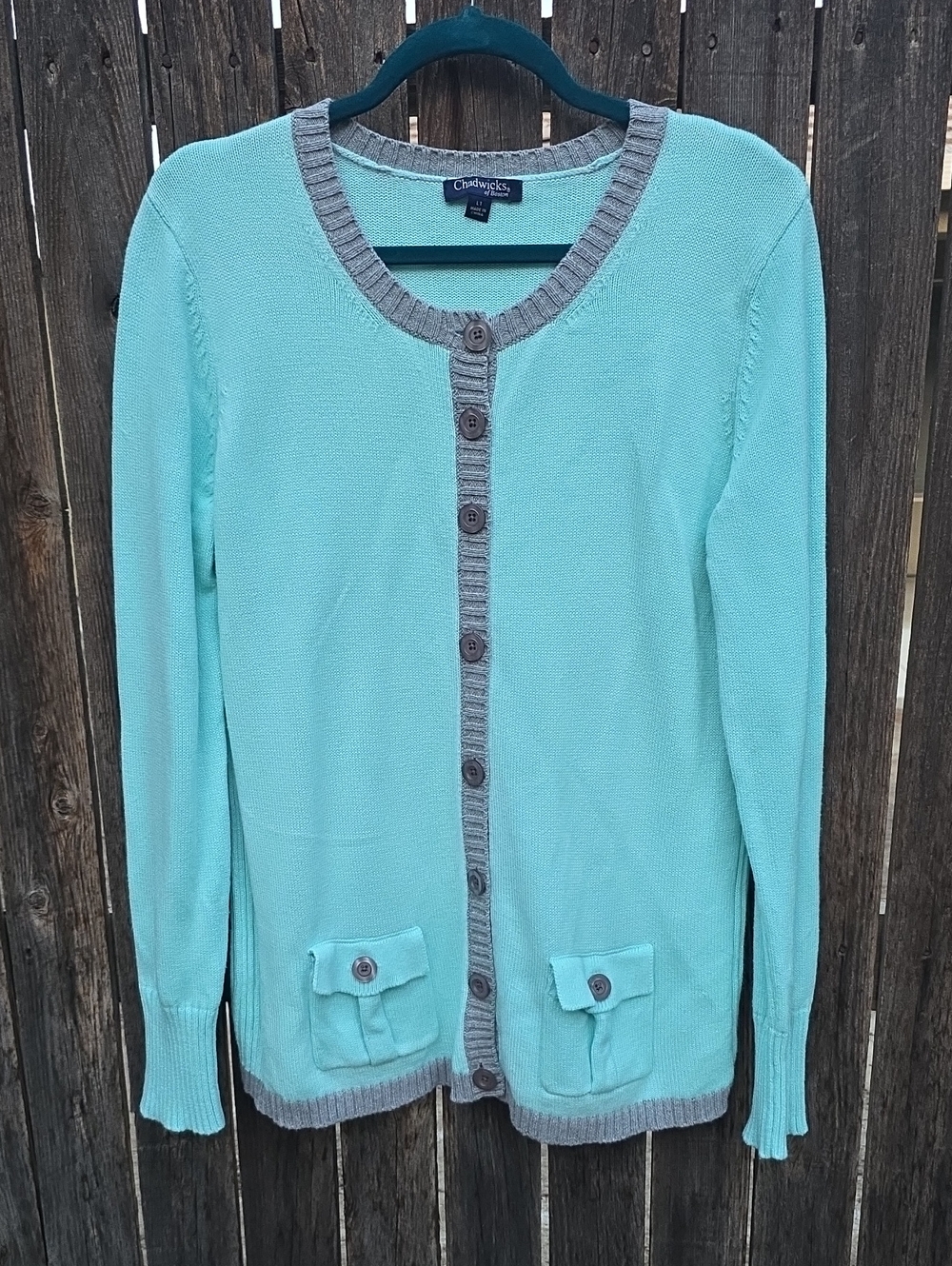 Chadwicks of Boston 100% Cotton Turquoise Blue Cardigan Gray Trim Large Tall